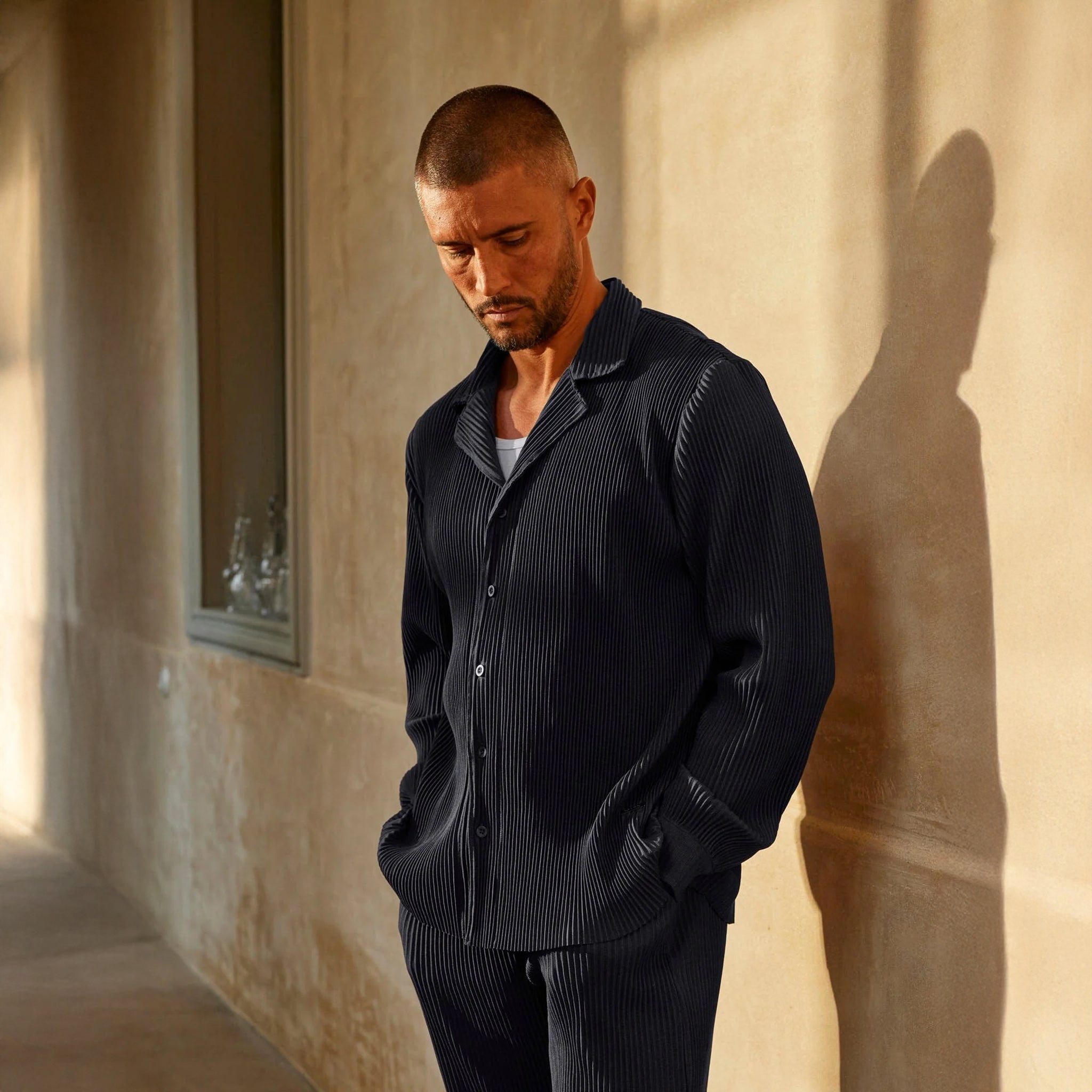 Front View of Belier Pleated Black Shirt